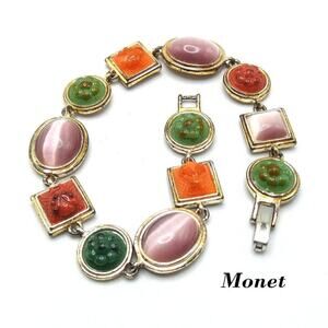 Vintage Monet Multicolored Glass Stones Bracelet, Gold Tone, 7 1/2 Inches